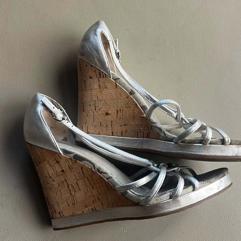 Coach Silver Cork Wedge Sandals - Women's Peep Toe Heels